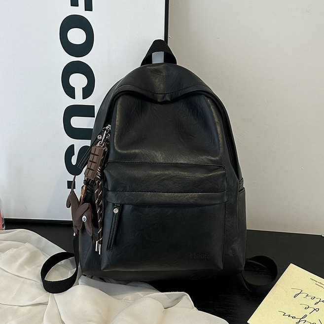 新款純色背包 簡約PU雙肩包 大容量電腦書包 通勤背包 防水休閒包, 黑色,單包無掛件