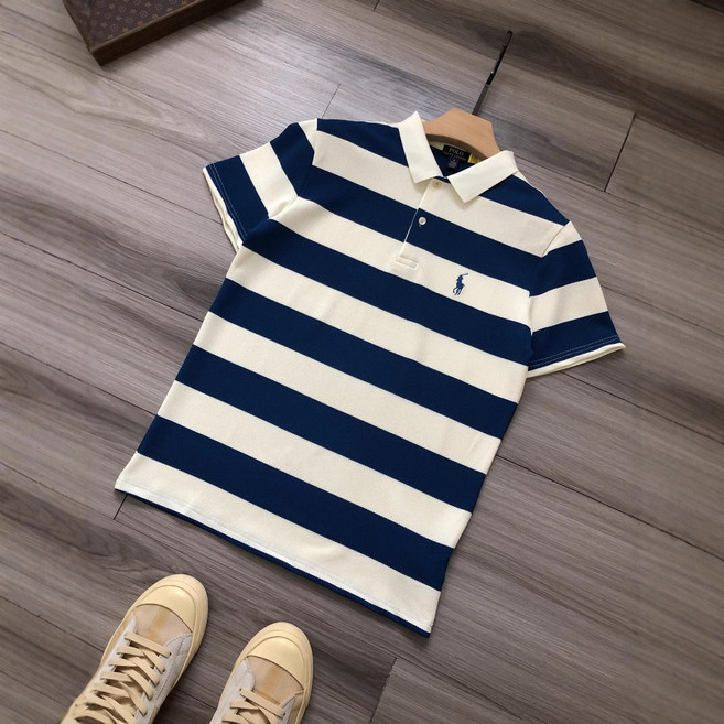 跨境馬球logo刺繡男款商務休閒條紋翻領polo衫小馬標網球衫情侶款
