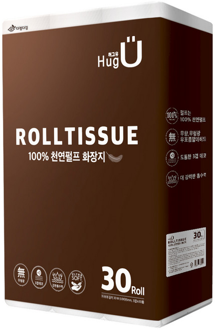 허그유 천연펄프 3겹 고급롤화장지, 30m, 30롤, 1개