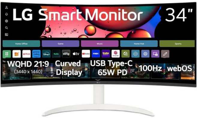 LG 34SR63QA-W 34인치 스마트 커브드 모니터 스트리밍 TV QHD 1440p 울트라와이드 화면 USB 타입-C 65W PD 1