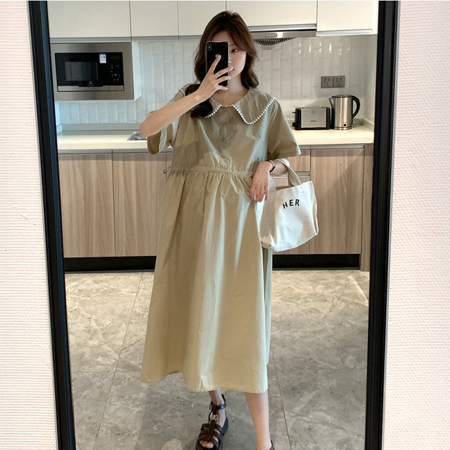 임산부 여름 수유 원피스 캐주얼 루즈핏 레이스 칼라 중장년 롱 원피스 JS