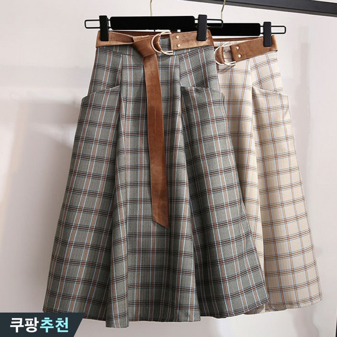 (완전 추천) 여성 빈티지 체크 미디 하이웨이스트 a라인 스커트 봄 가을 편한 고급 단아한 우아한 패션 볼륨 주름 패치워크 디자인 날씬해보이는 이쁜 캐주얼 지퍼 포켓 스커트