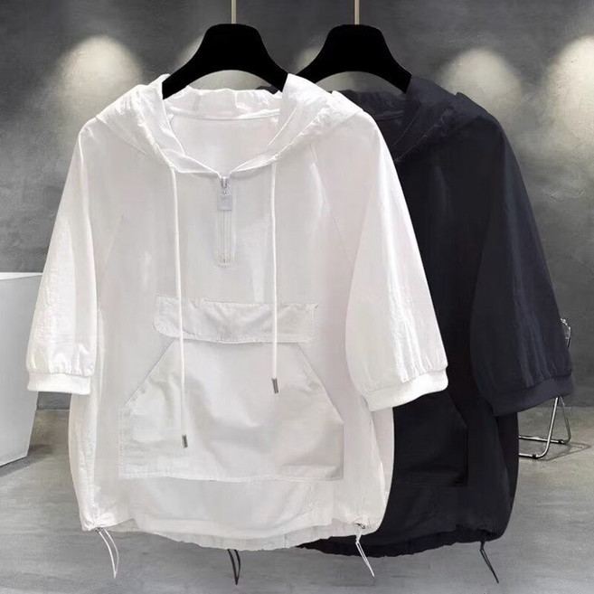 JUSTFEELING 반집업 후드 반팔맨투맨 데일리 순색 포켓 남여공용 밑단스트링 빅사이즈 반팔티 상의 티셔츠 M-3XL