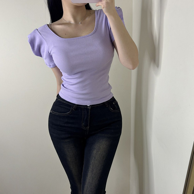 VANANA2 국내제작 러블리 퍼프소매 슬림핏 골지 반팔 티셔츠