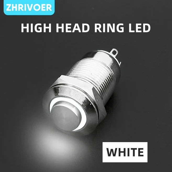 12mm 방수 금속 푸시 버튼 스위치 LED 조명 순간 잠금 자동차 엔진 PC 전원 스위치 3V 5V 12V 24V 220V 링, 02 Momentary, 02 12-24V, 05 White-High-Ring