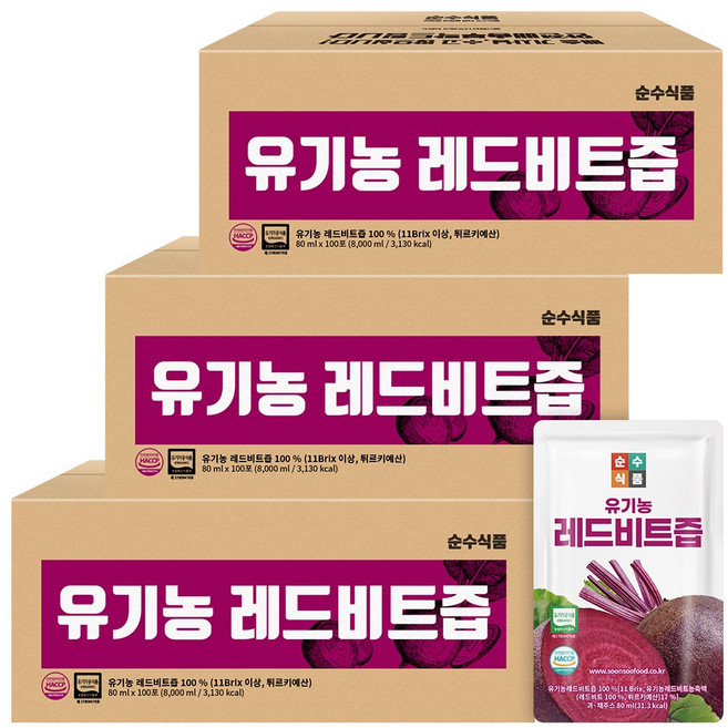 순수식품 유기농 레드 비트즙 실속형 300포, 80ml, 300개