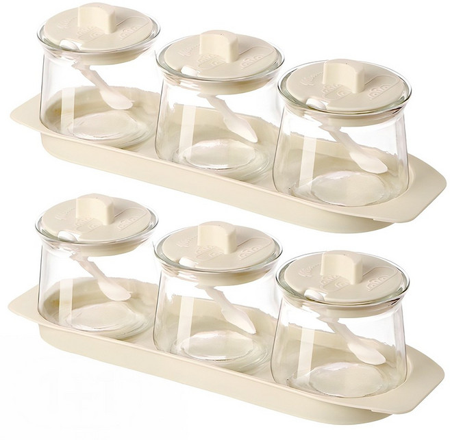 투데이리빙 1+1 3구 양념통 세트 주방 조미료 깔끔 정리 유리 밀폐 양념 통 양조절 계량 스푼 트레이 조미료통, R98101M, 300ml, 2세트