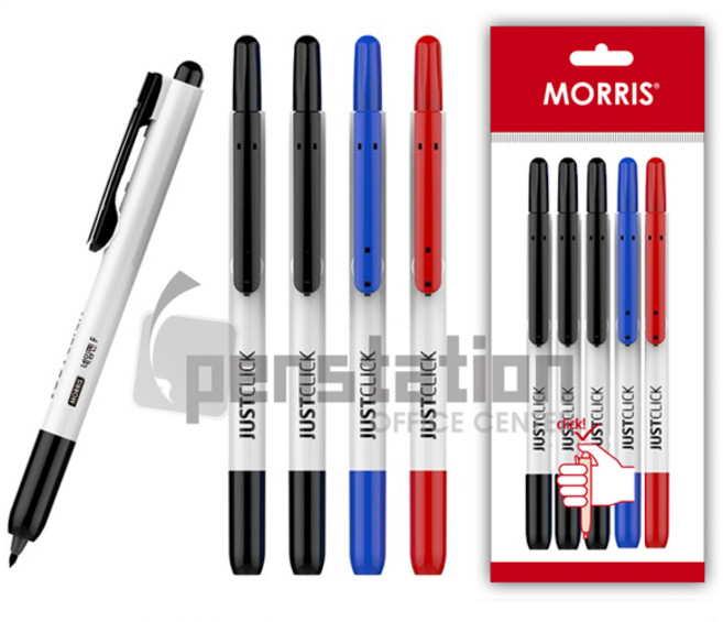 모리스 저스트클릭 노크식 네임펜 F-EXTER 엑스트라 5개 세트(모리스 정품 블리스터 포장 케이스), 네임펜 F-EXTER 블랙3개+블루1개+레드1개 세트
