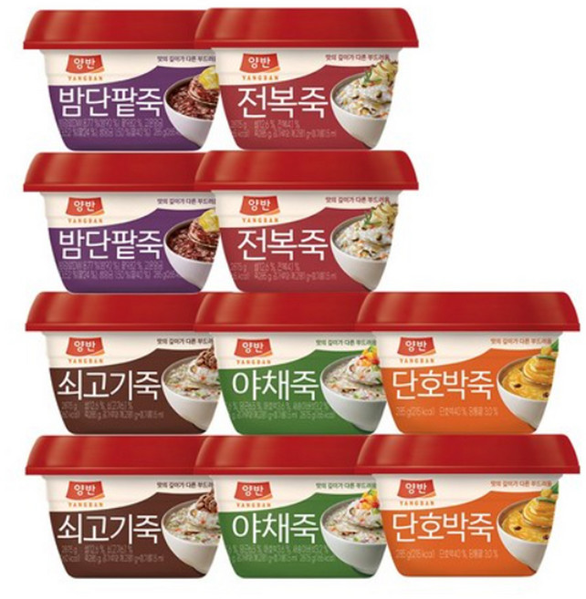 동원 양반죽 인기5종 10개(전복2 야채2 단팥2 단호박2 쇠고기2), 285g, 10개