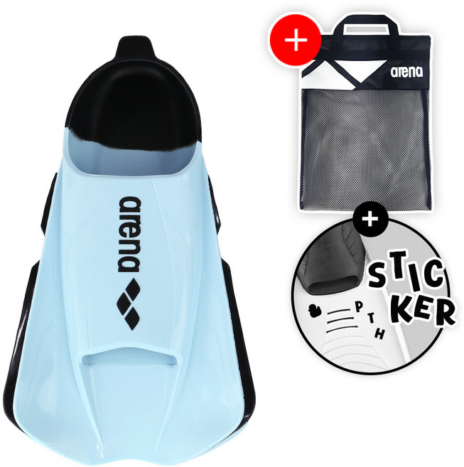 아레나 셔틀 실리콘 숏핀 오리발 A5AC1AF02 + 메쉬가방 +오리발스티커, 라이트블루 LBL