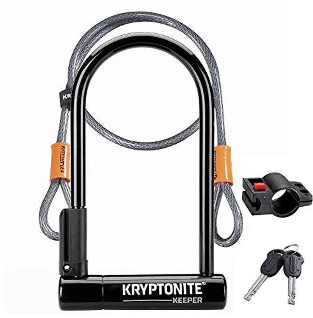 Kryptonite Keeper 미니 바이크 잠금 장치 튼튼한 도난 방지 U 잠금 장치 12mm 강화 스틸 섀클 장착 브래킷 및 자전거 오토바이 스쿠터 문 게이트, 4" x 8" 12mm & 10mm x 122cm, 표준 케이블 포함, 1개