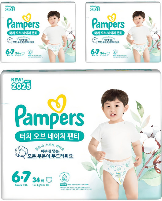 팸퍼스 2025 터치오브네이처 팬티형 기저귀 남여공용, 6단계, 102매