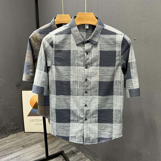 男士七分袖格子襯衫, 1個, 灰色3XL