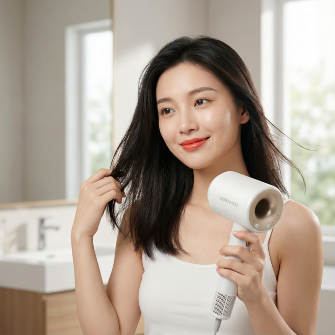 ESSENWOO 드라이기 초고속 음이온 1600W 무엽 드라이어 BLDC 완전히 음소거 1초 풍량 초강력, 화이트, X2S