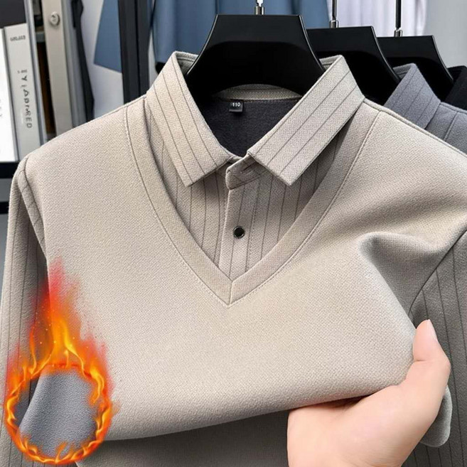 겨울 중년 남성 기모 카라 긴팔 레이어드 스트라이프 따뜻한 티셔츠