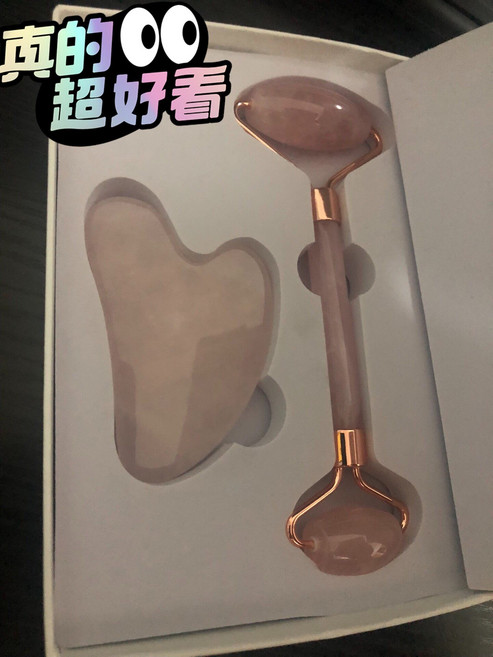 粉晶玉石滾輪按摩器 臉部刮痧美容養顏, 1個, 如圖所示