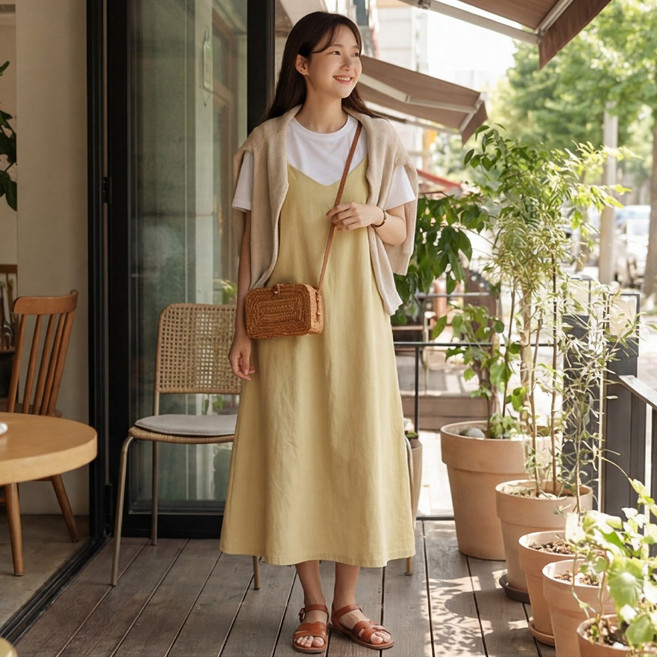 무롤브 D122-1 빅사이즈 여성 브이넥 민소매 A라인 뷔스티에 롱 원피스