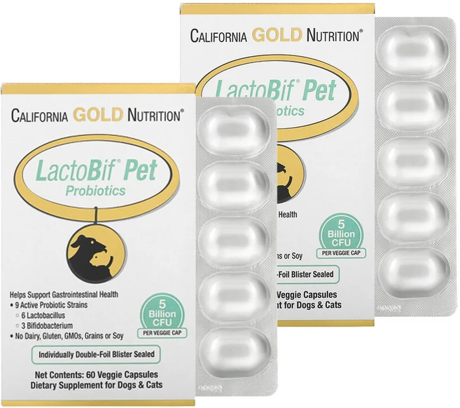 캘리포니아골드뉴트리션 LactoBif 반려동물 프로바이오틱스 50억 CFU 베지 캡슐 60정, 2개, 장건강/유산균 - 쿠팡