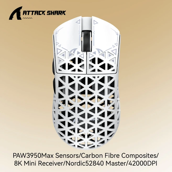 어택 샤크 R5 울트라 게이밍마우스 42g 카본 파이버 42000DPI 8K 무선 PAW3950MAX 센서 Nordic52840 OMRON, 01 R5 Ultra White