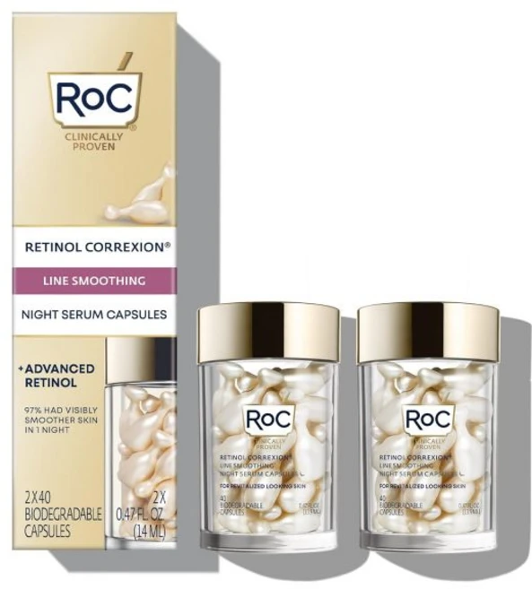 RoC 레티놀 코렉시온 안티에이징 주름 나이트 세럼 잔주름을 위한 데일리 라인 스무딩 스킨 케어 트리트먼트 여드름 후 흉터 30개의 개별 캡슐 무향 0.35 Fl Oz, 2 Count - 쿠팡