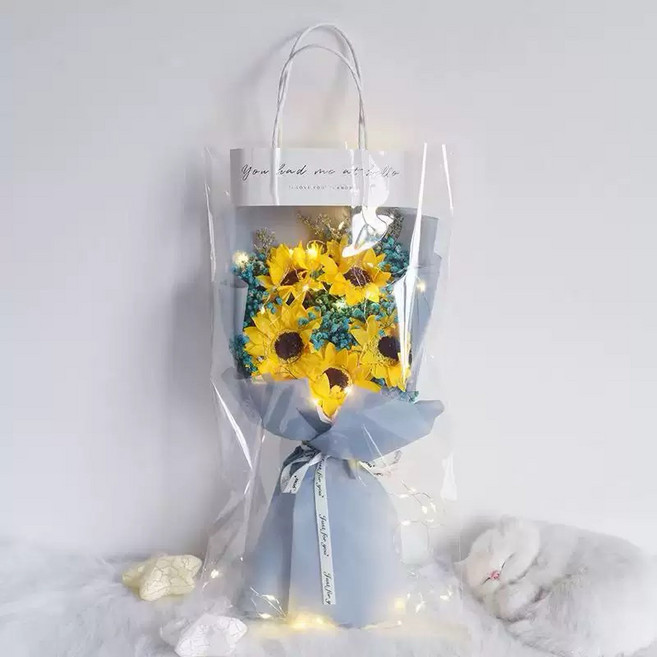 香皂花束 附燈串卡片花袋 玫瑰向日葵仿真花, 藍色 向日葵 送燈送卡片送花袋
