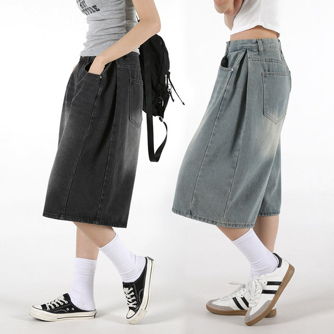 오버나인 여자 여성 롱숏 기장선택 사이드 핀턱 버뮤다 팬츠 와이드 청반바지 OV-02