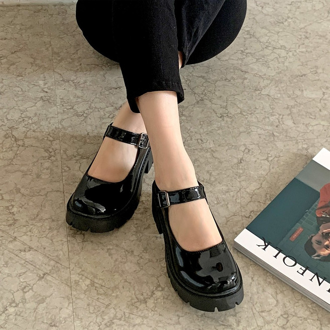 플라틴베이지 여성 통굽 메리제인 구두 발편한 키높이 워커 힐 키작녀코디 (가보시/6CM)