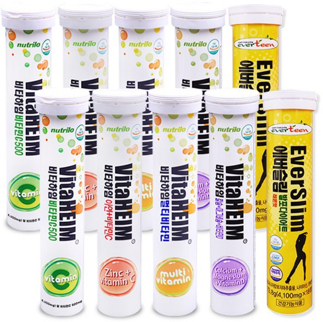 발포비타민 5종 비타하임 C500+아연C+칼마D+멀티비타민+에버슬림다이어트레몬맛, 2세트, 425.8g