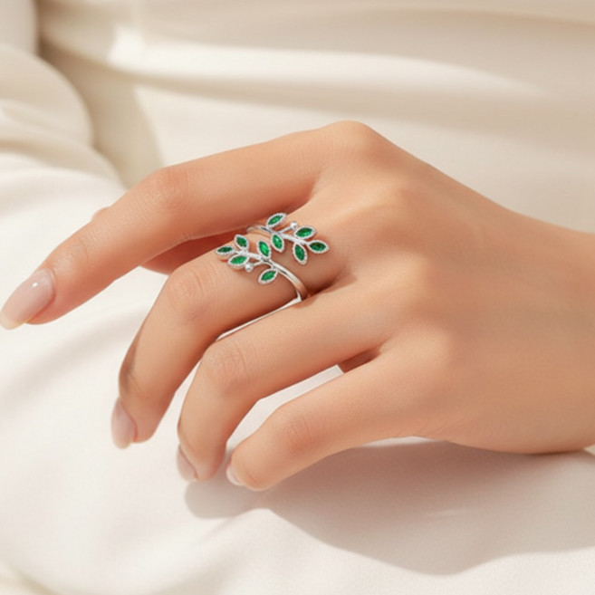 여성 에메랄드 그린 리프 잎사귀 큐빅 오픈 링 반지 A2632