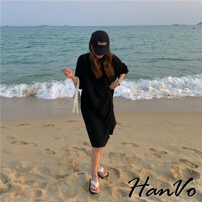 HanVo 極簡純素色休閒連衣裙