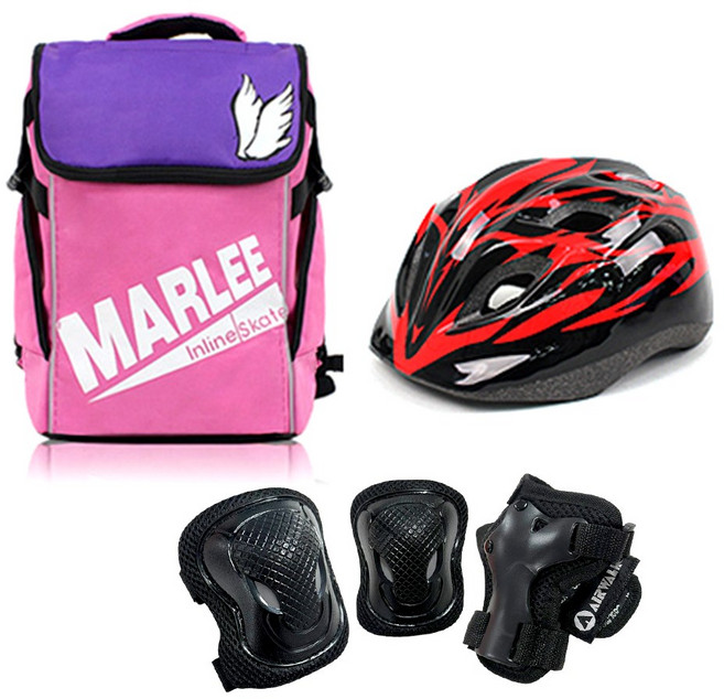 에어워크 마리 핑크 아동 인라인 스케이트 보호장비 세트 / 인라인 가방+헬멧+보호대, 헬멧_레드/가방_핑크:보호대_블랙_S, 1개