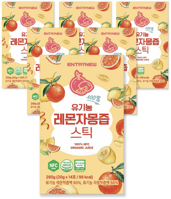 엔트리뉴 유기농 레몬 자몽즙 100% NFC 착즙 원액 레자몽 농축액 스틱, 6박스, 280g
