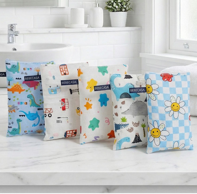 인견 때타올 5장 KC인증 특허 때밀이 그린 옐로우 등밀이, 02.리틀다이노+붕붕이+곰젤리+쥬라기+스마일블루, 1세트, 5매