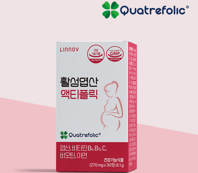 4세대 활성형 활성엽산 리노브 액티폴릭 임산부 엽산 영양제, 30정, 1박스