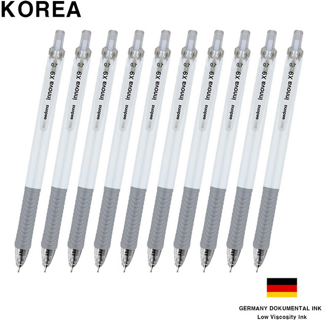 코리아 이노바X9 니들펜 필기감좋은 초저점도 독일잉크 볼펜 0.7mm, 10개, 화이트