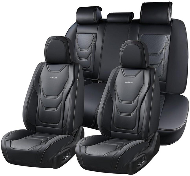 Coverado Car Seat Covers Covers for Cars 5 Seats Full Set Protector Waterproof Nappa Leather Cu, 풀 세트, 블랙