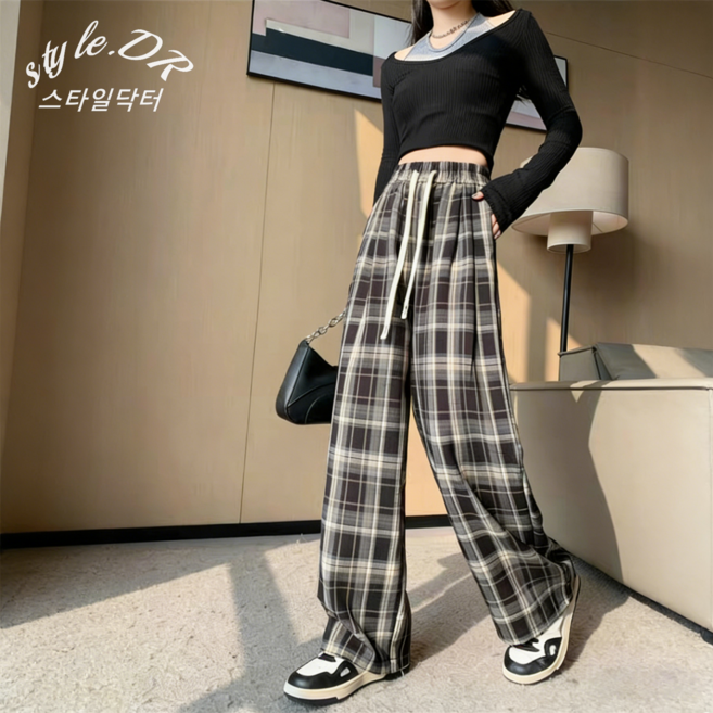 스타일닥터 여성 체크무늬 와이드 바지 하이웨 봄과 가을 체크 팬츠