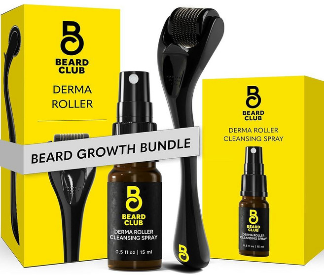 The Beard Club 얼굴 몸 및 두피용 프리미엄 더마 롤러 - 540개의 티타늄 마이크로니들이 있는 남성 및 여성용 마이크로 니들 롤러 - 모발 및 수염용 - 가중 금, 더마 롤러 및 클렌징 스프레이