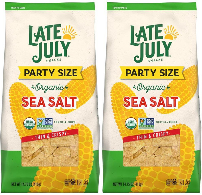 210g Late July 유기농 화이트 옥수수 토르티야 칩 글루텐프리 비건 파티스낵 미국직구, 소금, 14.75 온스 (2 팩)