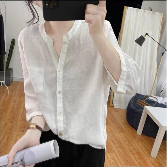 여성 기본 면마셔츠 루즈핏 긴팔티 남방 시크 박시 린넨 칠부소매 블라우스