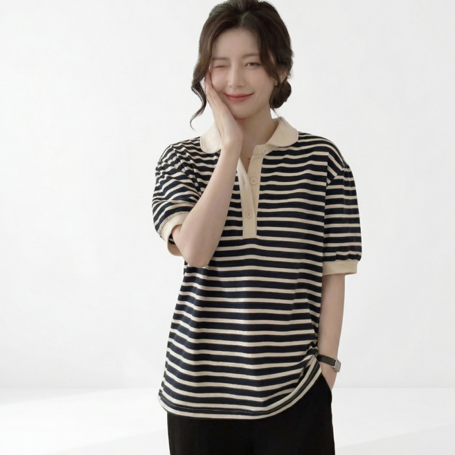 MS HOME 여성 카라 스트라이프 반팔 티셔츠 퍼프