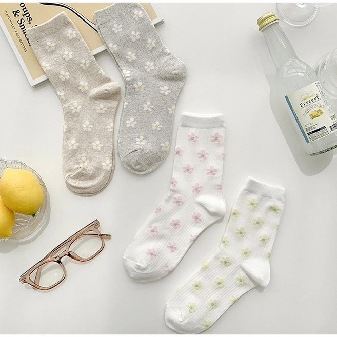데이지 플라워 패턴 골지 중목 양말 여성용 4P 세트 봄 여름 학생 성인 국산