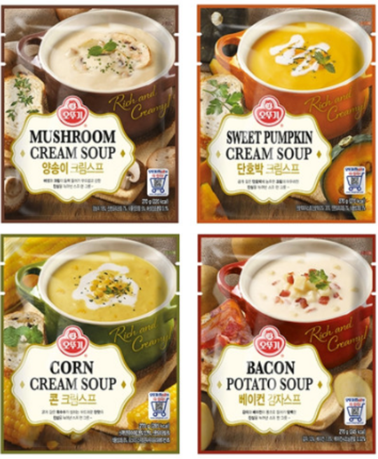 오뚜기 양송이크림 /단호박크림 /콘크림 /베이컨감자스프 180g 4종 각1개씩, 1개