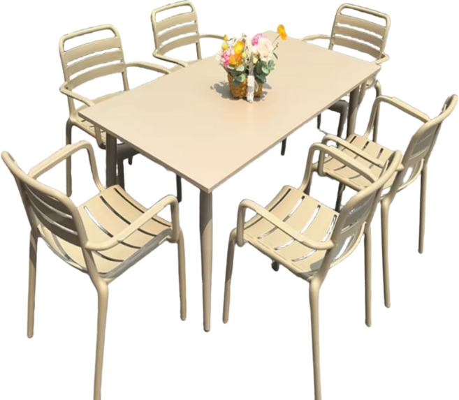 MANUTTI 아웃도어 철제 야외 테이블 세트 4인 6인 야외 테라스 카페 식탁 펜션, 샴페인 1500 + 의자6개