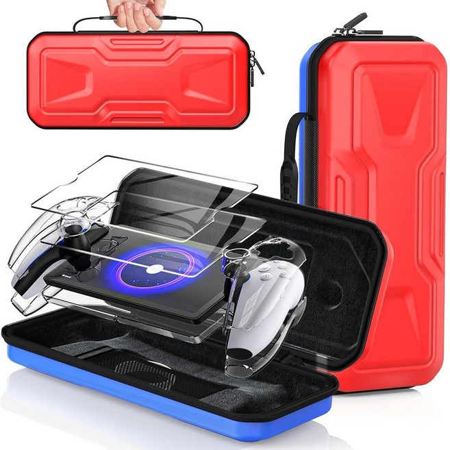FYOUNG 3 in 1 Accessories Bundle for Playstation Portal Carrying Case & Hard PC Clear Cover Skins, 레드 블루
