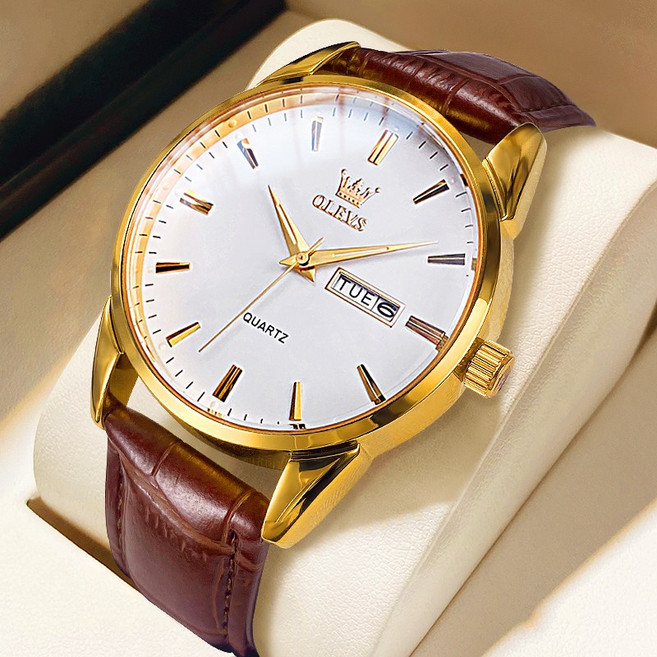 OLEVS 남자손목시계 정품 쿼츠 럭셔리 명품 워터프루프 야광 가죽