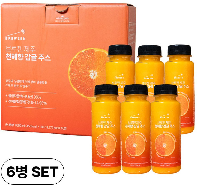 브루젠 제주 천혜향 감귤 주스, 6개, 180ml
