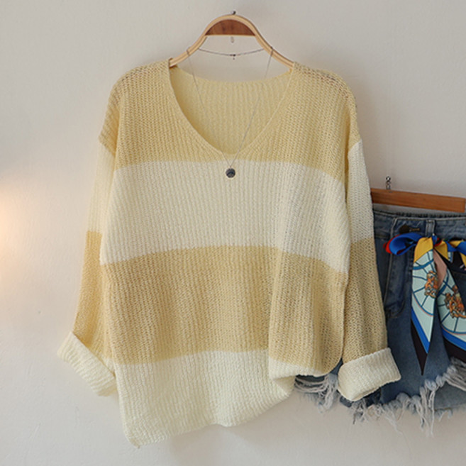 스카이코코 여성 긴팔 티셔츠 브이넥 단가라 조이 니트티