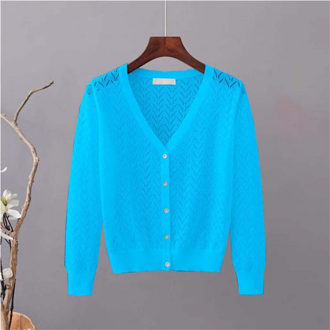 TKX 여성 여름용 브이넥 니트 가디건 얇은 긴팔 앞버튼 통기성 데일리 심플 디자인