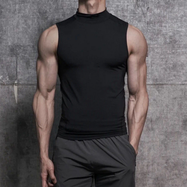 쌍천 남성 슬림 나시 폴라 스포츠 민소매 속건 스판 나시 보디빌딩 러닝 목폴라 톱 A250723004